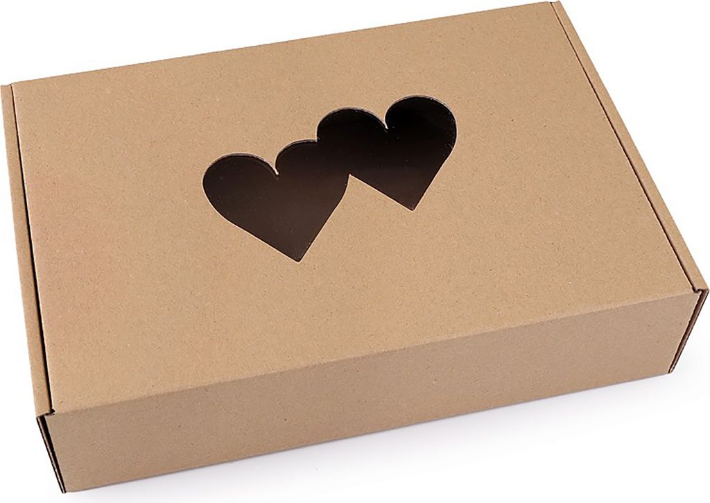 1 Geschenkschachtel Box Pappschachtel rechteckig Sichtfenster Herzform Farbwahl, Größe:25 x 17 x 6 cm, Motiv:2 Herzen natur
