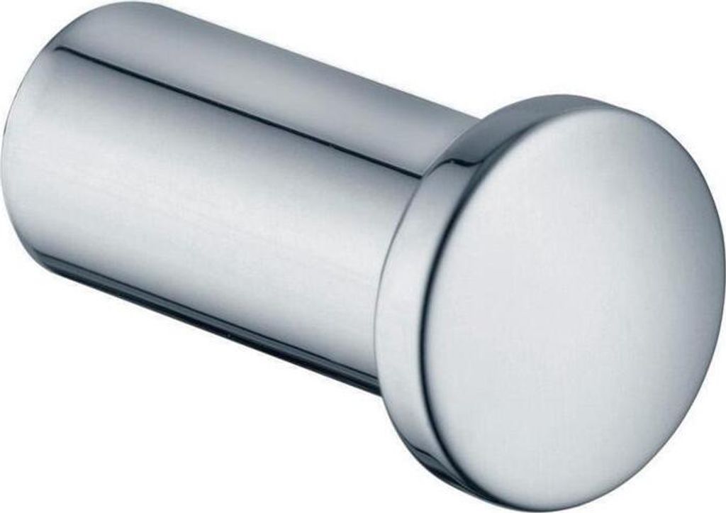 A close-up studio shot of a silver-colored bathroom hook.