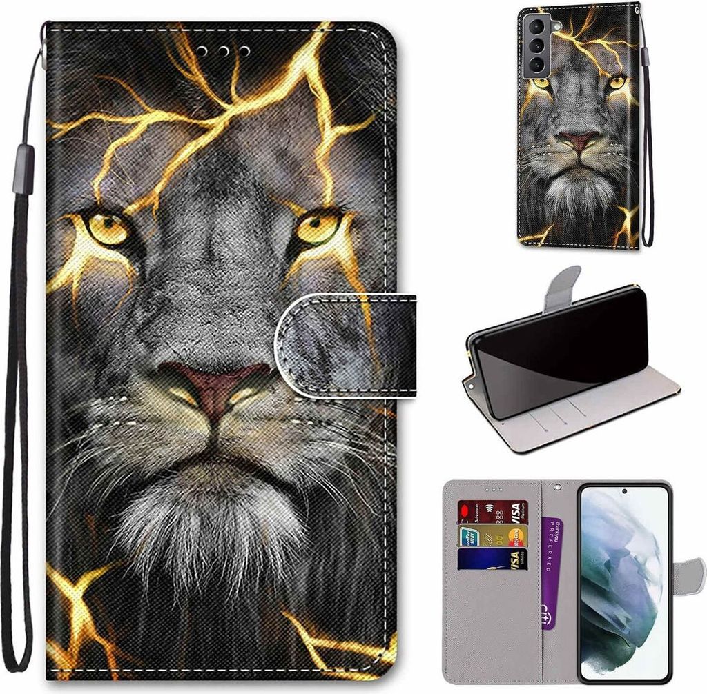 König Design Hülle kompatibel mit Samsung Galaxy S22 5G Kunstleder Handyhülle - Handy Case Spaltlöwe
