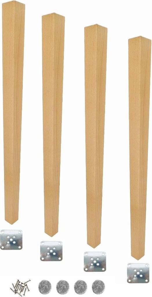 Four wooden table legs and mounting hardware are arranged on a white background.