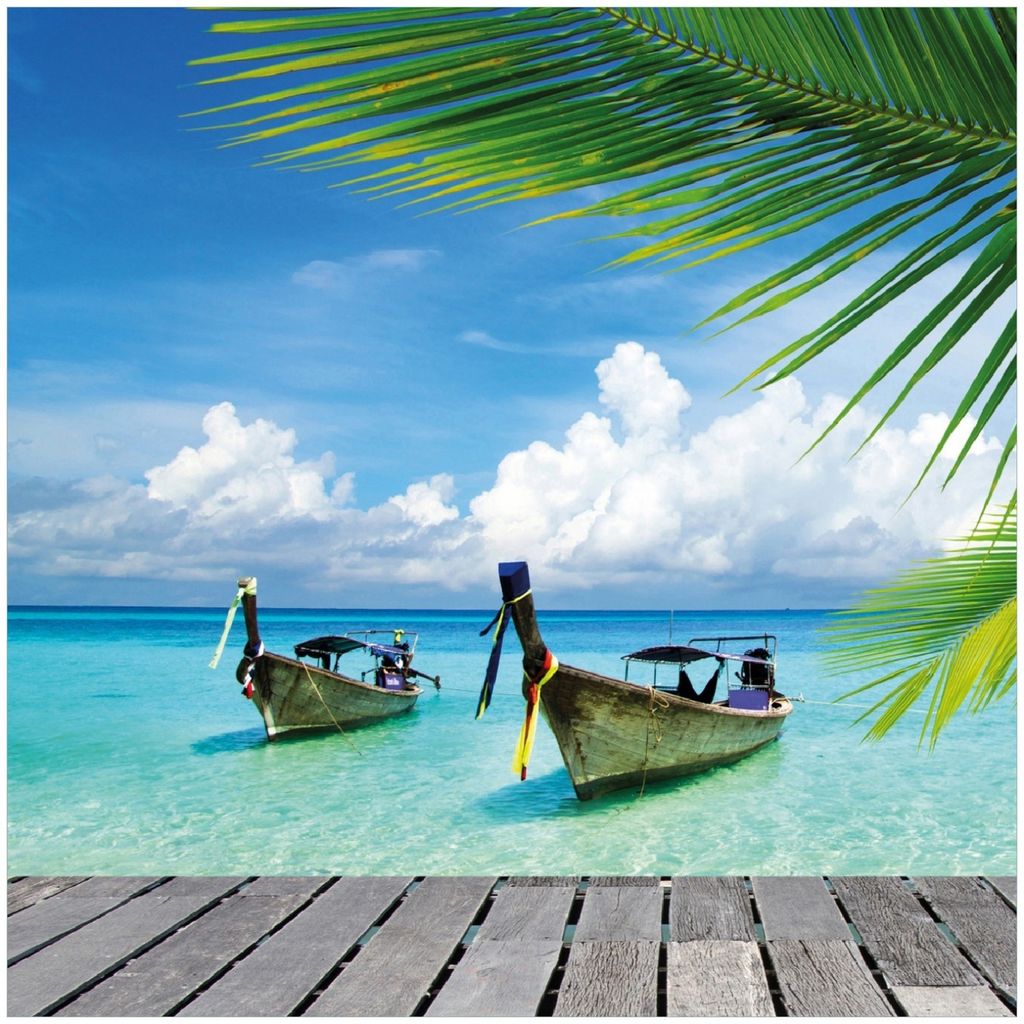 Wallario Memoboard Magnettafel aus Glas, Größe 50 x 50 cm, Motiv Sonnenboot in der Karibik