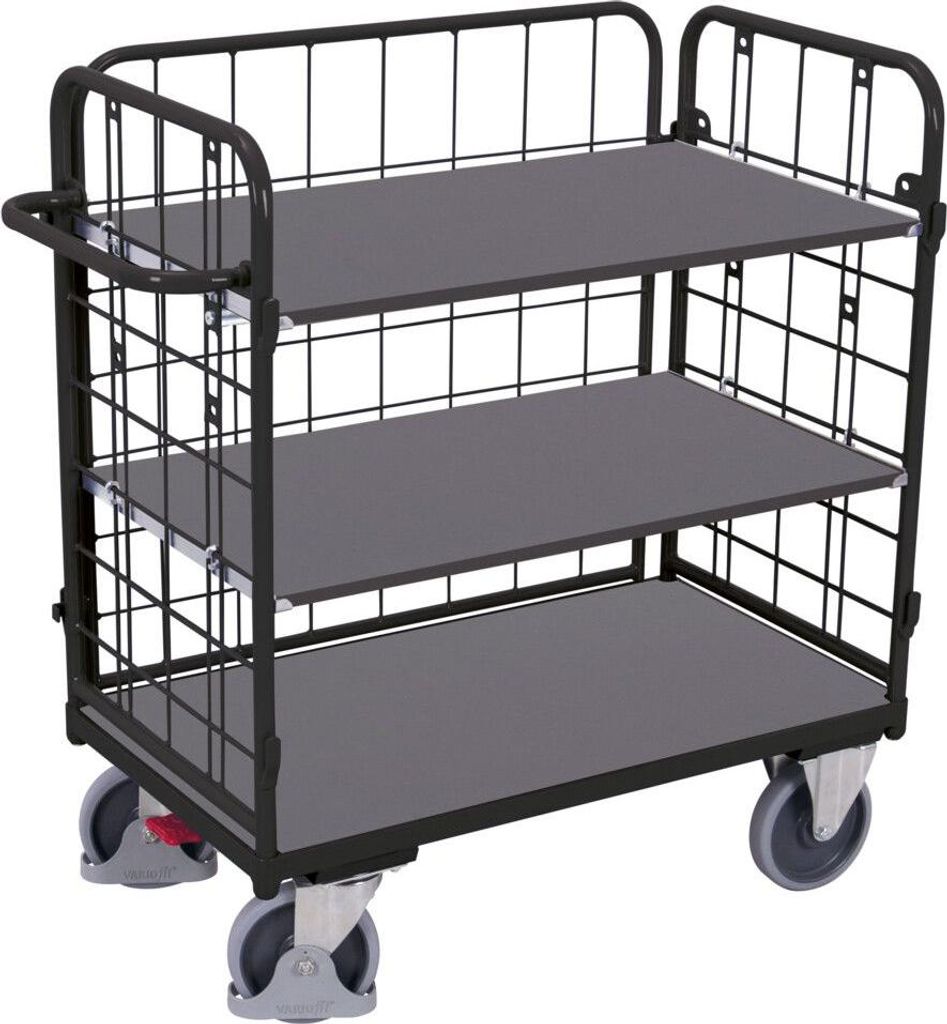 VARIOfit Dreiwandwagen, niedrig und vergittert mit 3 Etagen 1000x700mm Anthrazitgrau RAL 7016