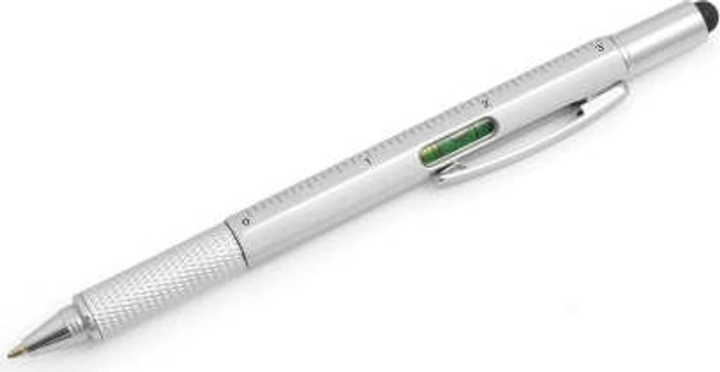 System-S 6in1 Stylus Touch Pen Eingabestift Kugelschreiber Lineal Schraubendreher Wasserwaage für Smartphone & Tablet PC in Silber-Farben