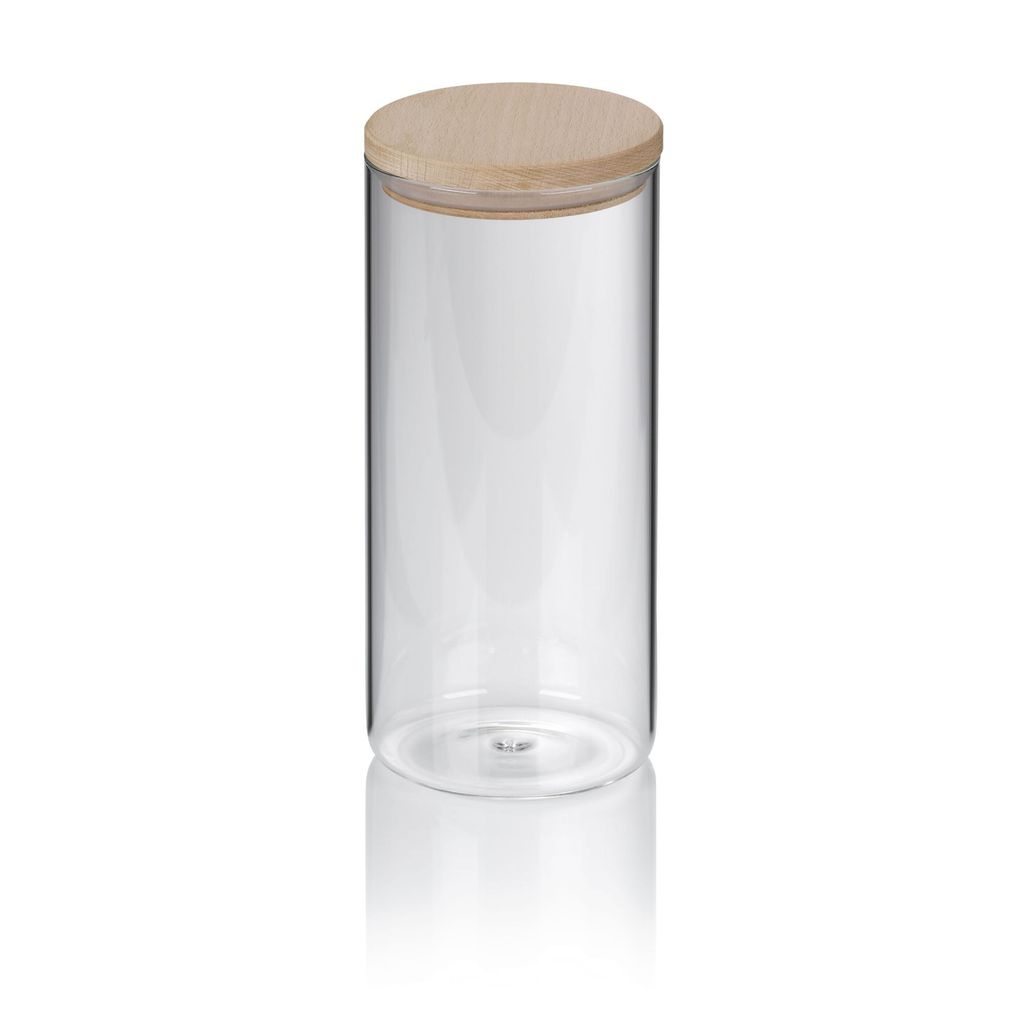 A clear, professional studio shot of a glass kitchen container with a wooden lid, isolated on a white background.