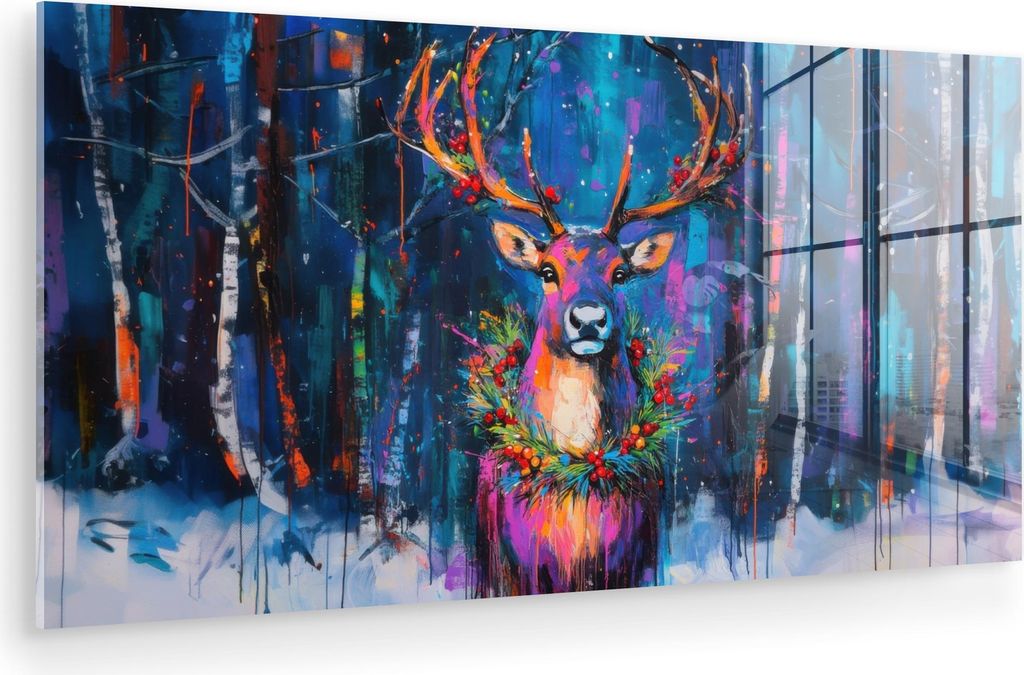 MuchoWow Glasbilder - Bilder auf Wandbild - Foto auf Glas Rentier - Kranz - Märchenhaft - Blau 80x40 cm Wanddekoration aus Glas - Acrylglasbild - ...