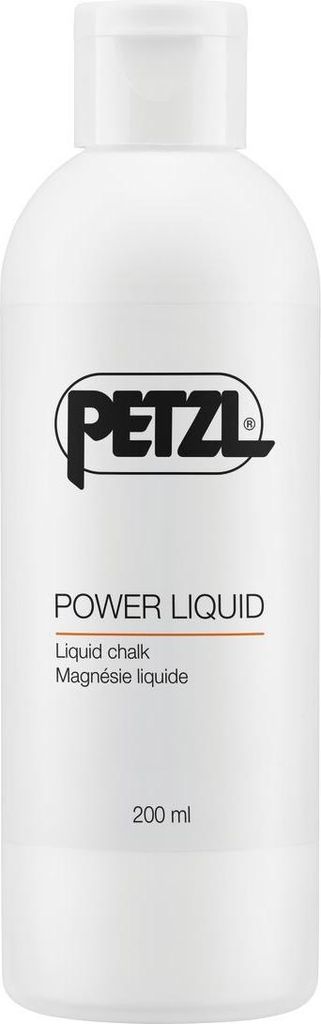Weiße Flasche mit schwarzem PETZL-Logo und der Aufschrift Power Liquid Flüssig-Chalk 200 ml