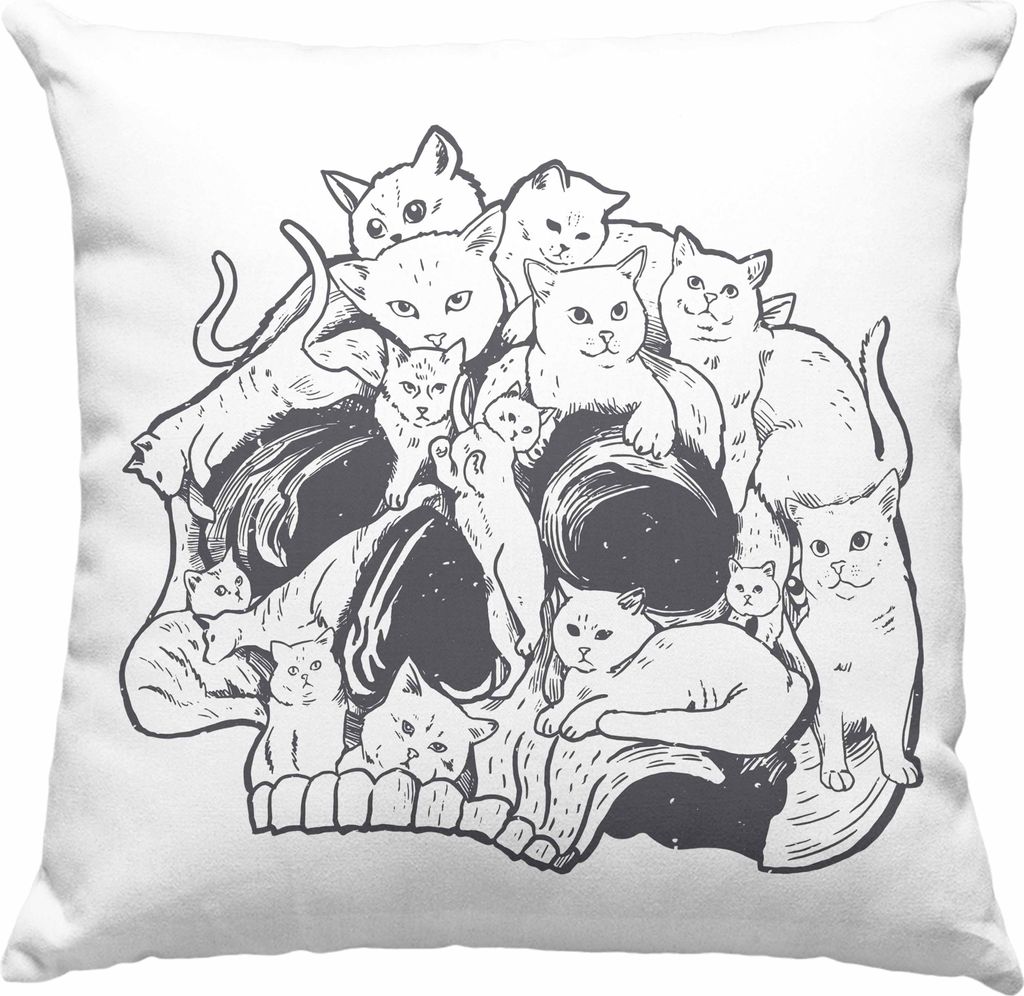 Trendation - Totenkopf Deko-Kissen mit Füllung 40x40 Katzen Kaffee Frauen Mädchen Männer Tattoo Geschenk Damen Idee Grafik Katzenbesitzerin (Grau)