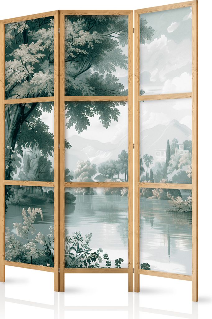 3-teiliger Einseitiger Vlies Japanischer Paravent - View of the Park and Lake - Retro Vintage Landscape in Greens. 135x172 cm Landschaften c-H-1004...