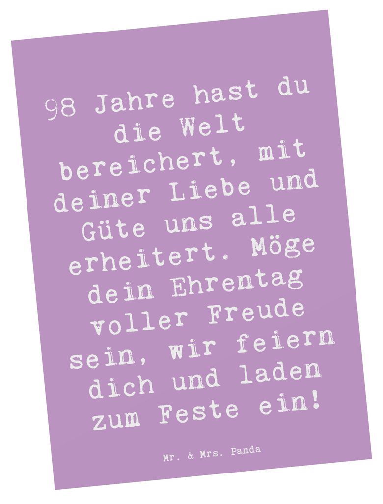 Mr. & Mrs. Panda Grußkarte Spruch 98. Geburtstag - Lavendeltraum - Geschenk, Geburtstagsgeschenk, Menschen, Ansichtskarte, Glückwunsch, bildkarte...