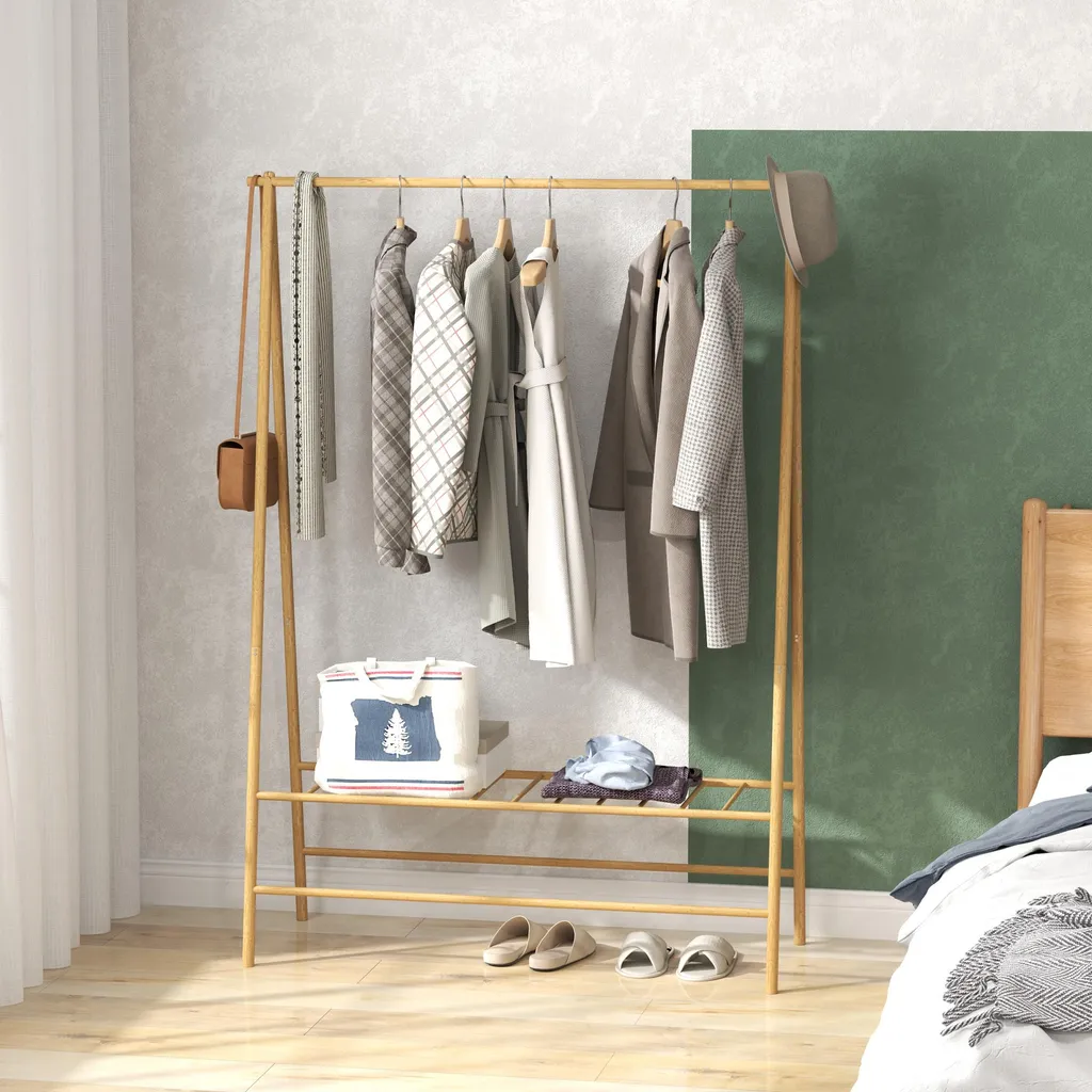 Penderie à Vêtement en Bois de Bambou Naturel avec Crochets et Rayonnage