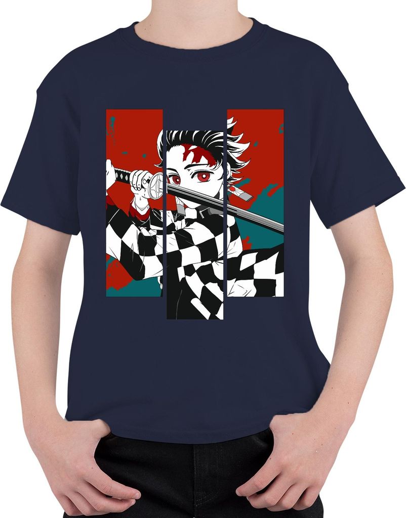 Demon Slayer Dämonenjäger Katana Karomuster Anime Manga Geschenk Uni Kinder T-Shirt, Navy, 140