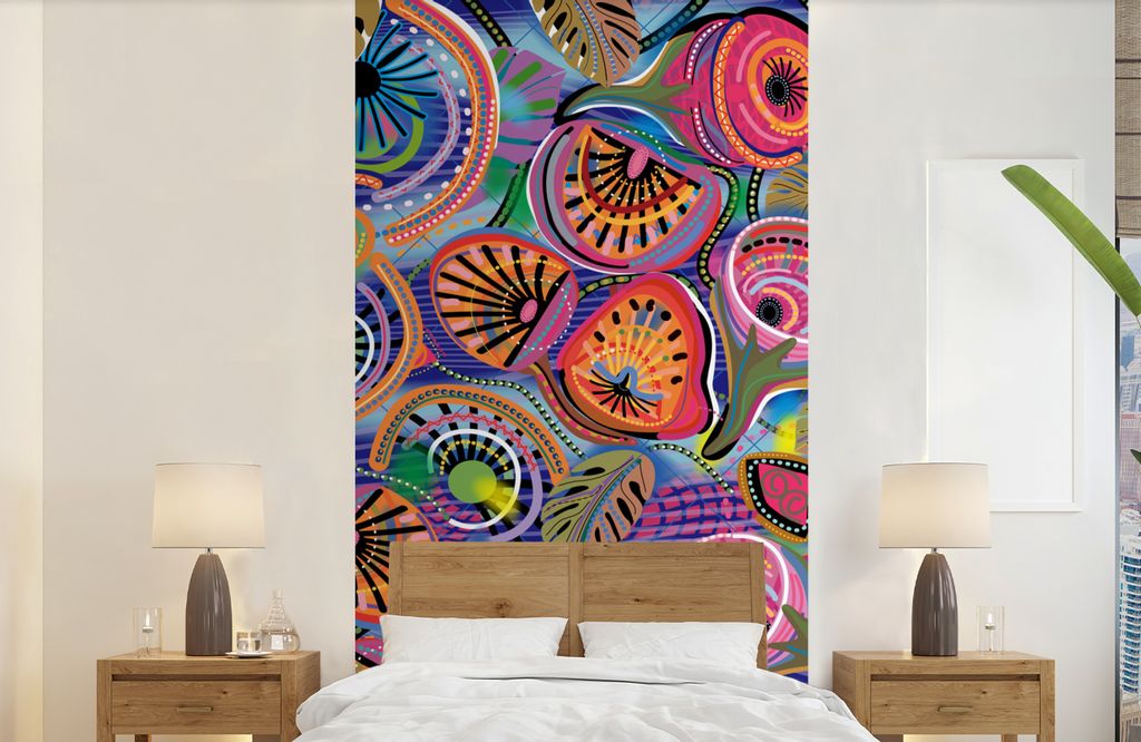 MuchoWow Fototapete für Wohnzimmer oder Schlafzimmer Wandtapete Vinyl Motivtapete Kreis - Figuren - Blätter - 120x240 cm - Hintergrundbild