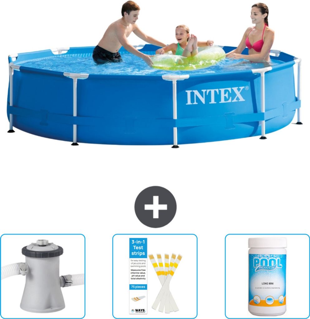 Intex-Schwimmbecken mit rundem Rahmen – 305 x 76 cm – Blau – im Lieferumfang enthalten Filterpumpe für Schwimmbad - Teststreifen - Chlor
