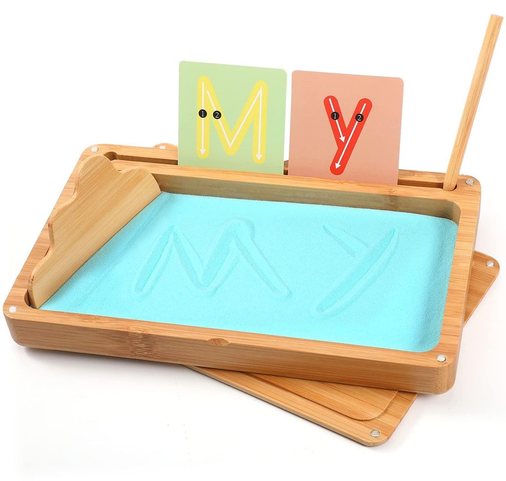 Montessori zandtafel van hout met blauw zand, geschikt voor Productafbeelding 