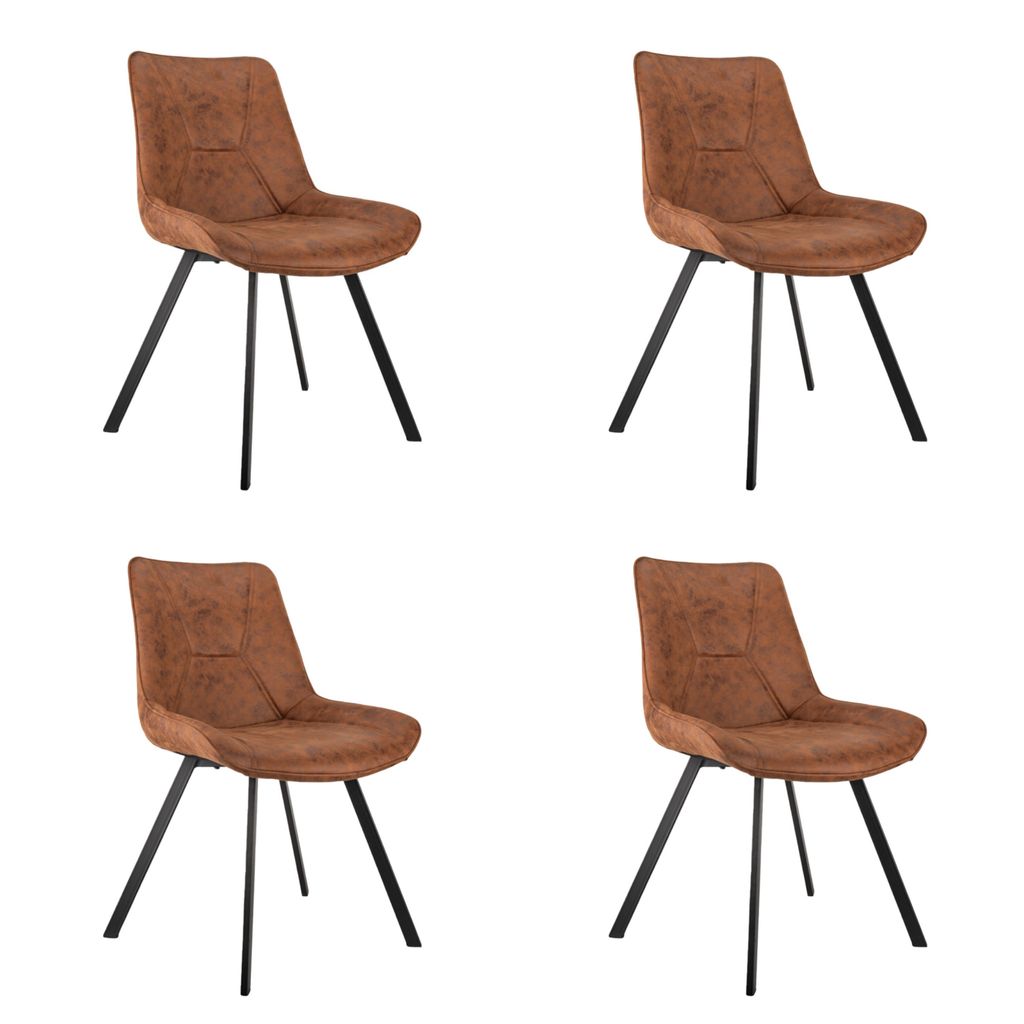 Four brown dining chairs with black legs are arranged in a grid on a white background.