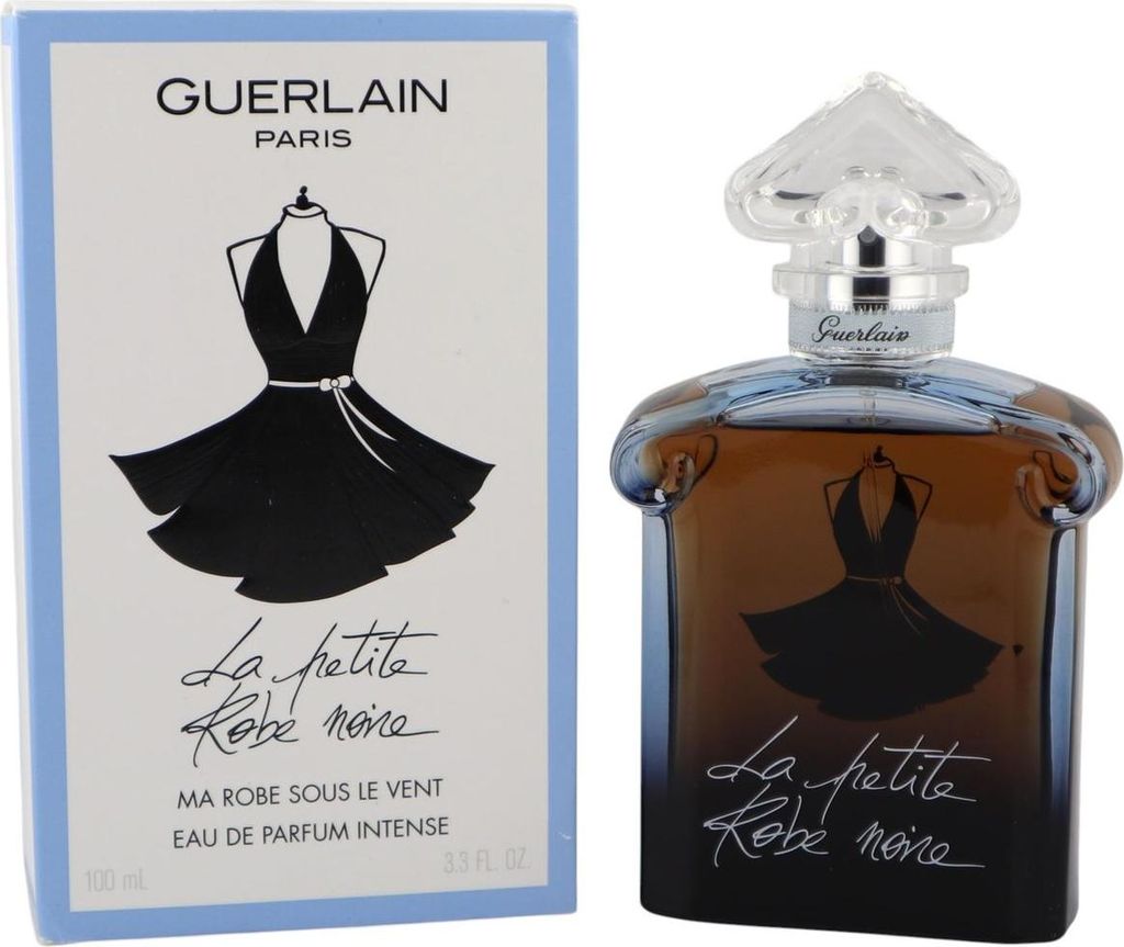 Guerlain La Petite Robe Noire Eau de Parfum Intense 100 ml, eleganter Flakon mit schwarzem Kleidmotiv neben hellblauer Originalverpackung.