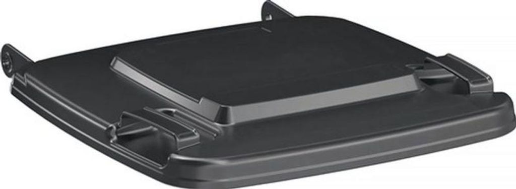 A black lid for a large trash bin is shown from a slightly elevated angle against a white background.