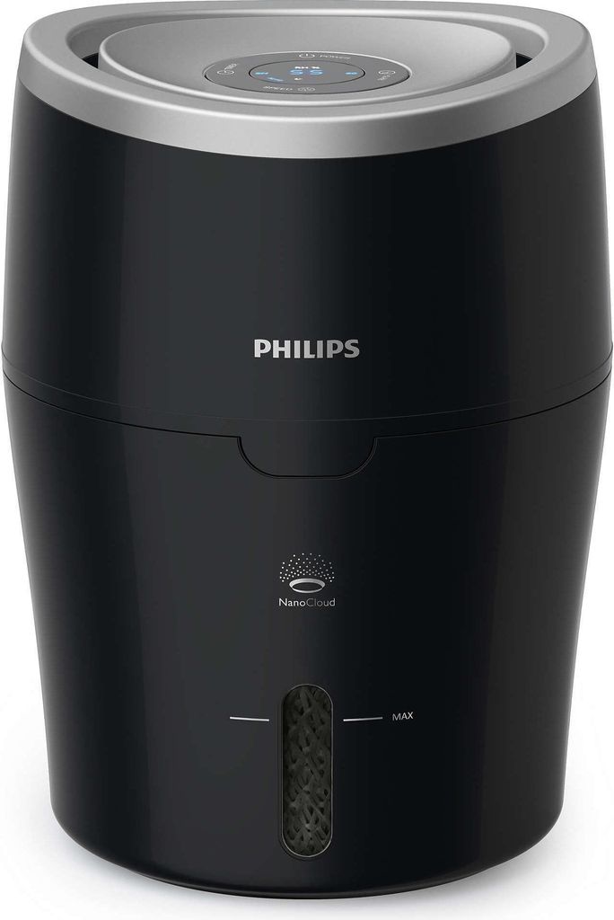 A black Philips humidifier with a silver top and control panel, shown from the front against a white background.