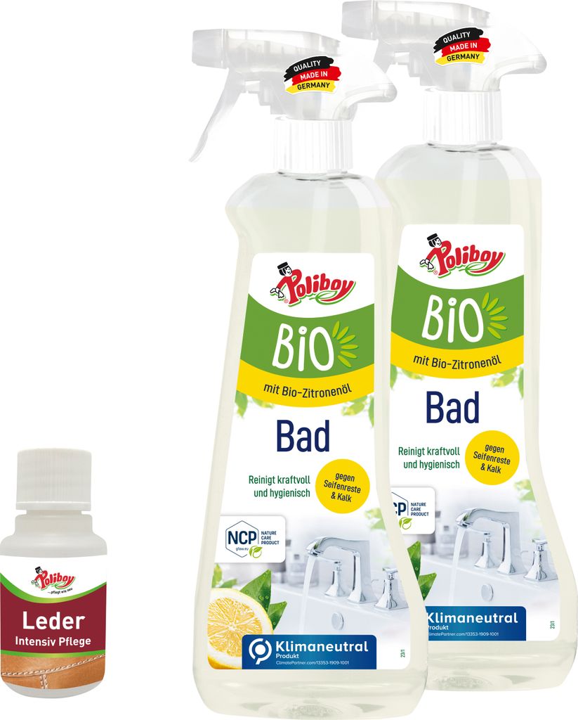 Poliboy 2er Badreiniger mit Leder Probe - hygienische und starke Reinigung - gegen Kalkreste und Wasserflecken - Sprühflasche - 2x500ml - 99A1401