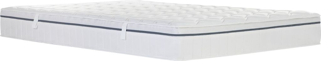 A white mattress with a gray stripe is shown from a side angle against a white background.
