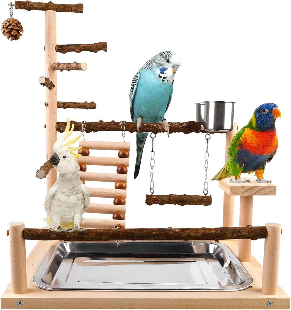 Papageienspielbereich (45x37x26 cm) mit Futternapf und Tablett, Aktivit?tsst?nder