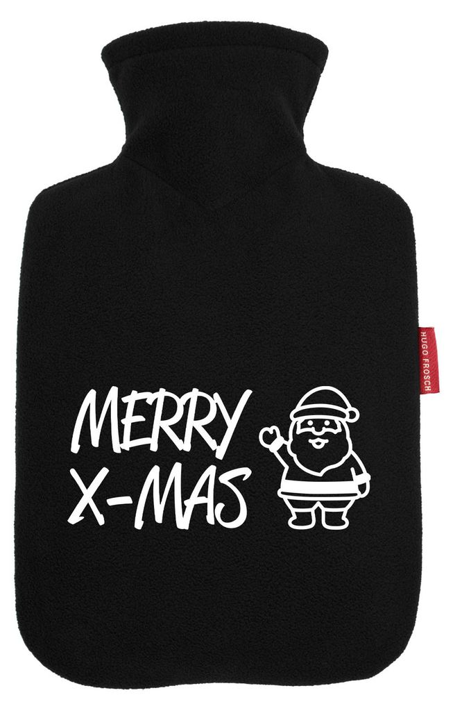 Huuraa Wärmflasche Merry X-Mas Weihnachtsmann 1,8 Liter Black Classic Veloursbezug Bettflasche Geschenkidee