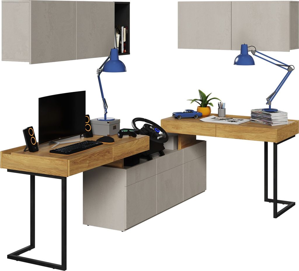 Furniture24 Wohnwand TEEN FLEX SET-08B für Jugendzimmer Kommode 2 Schreibtische 2 Hängeschränken Led Licht