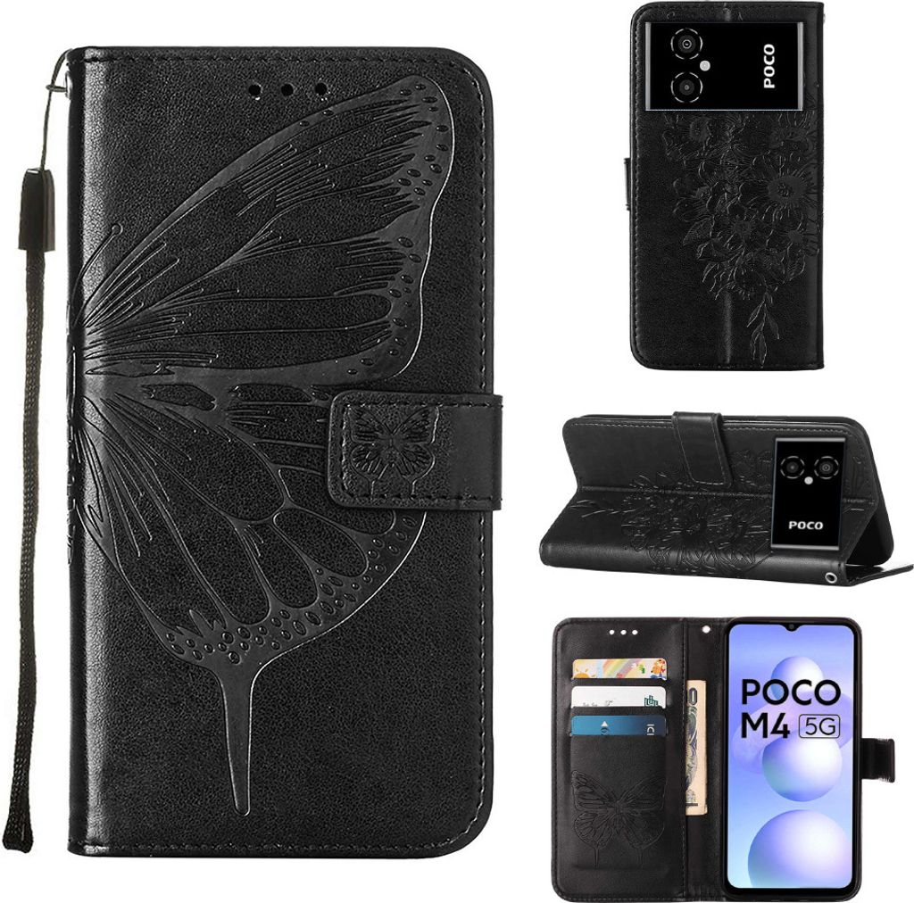 Xiaomi Poco M4 5G Hülle, Schmetterling Prägung Flip Leder Kartenfächer Schutzhülle Ledertasche mit Ständer für Xiaomi Poco M4 5G / Poco M5 5G...