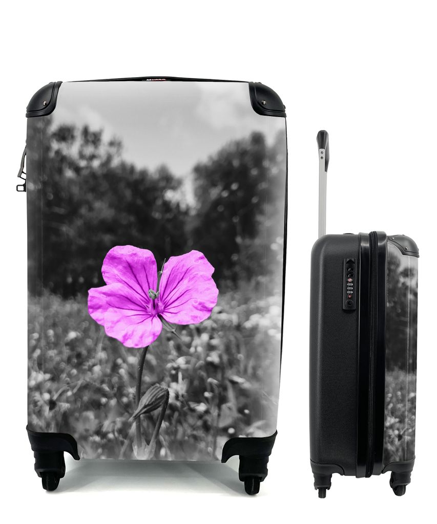 MuchoWow Koffer Handgepäck Trolley Rollkoffer Kleine Reisekoffer mit 4 Rollen - Blumen - Flieder - Schwarz - Weiß - Cabin Size < 55x40x23 cm & ...
