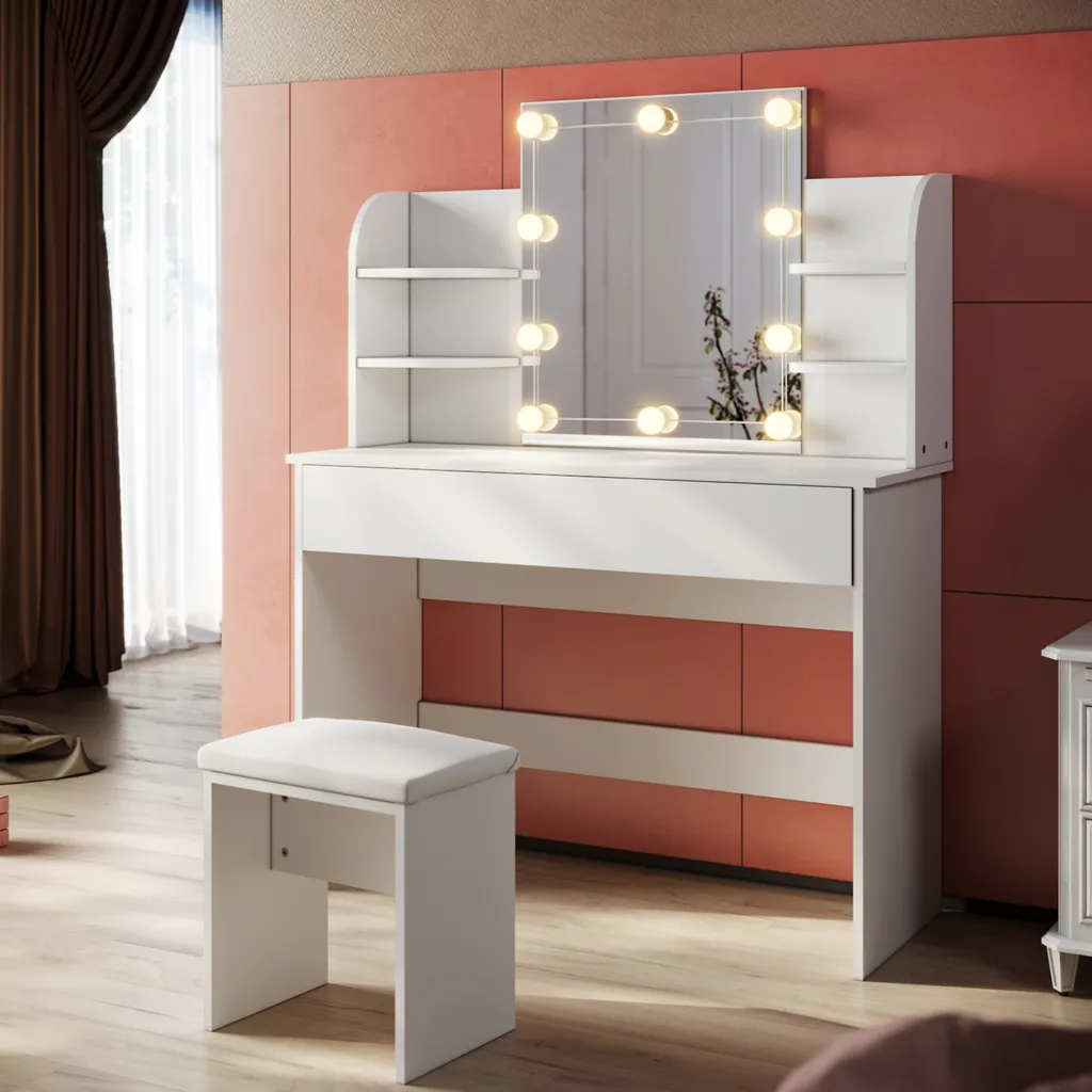 Coiffeuse LED 108 cm blanc avec grand miroir et assise confortable set