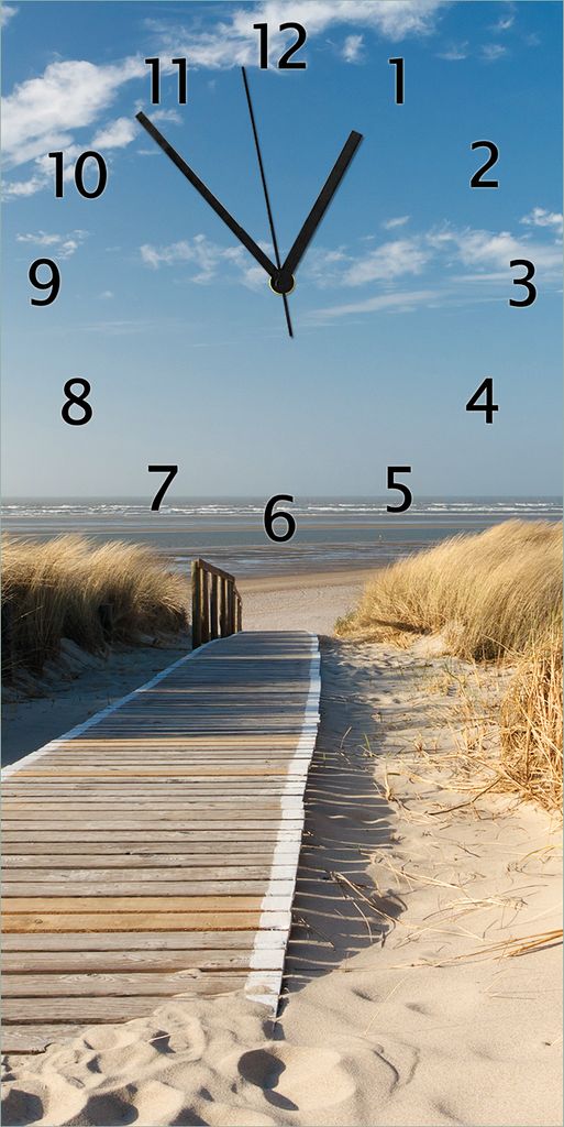 Wallario Design Wanduhr Auf dem Holzweg zum Strand aus Echtglas, Größe 30 x 60 cm