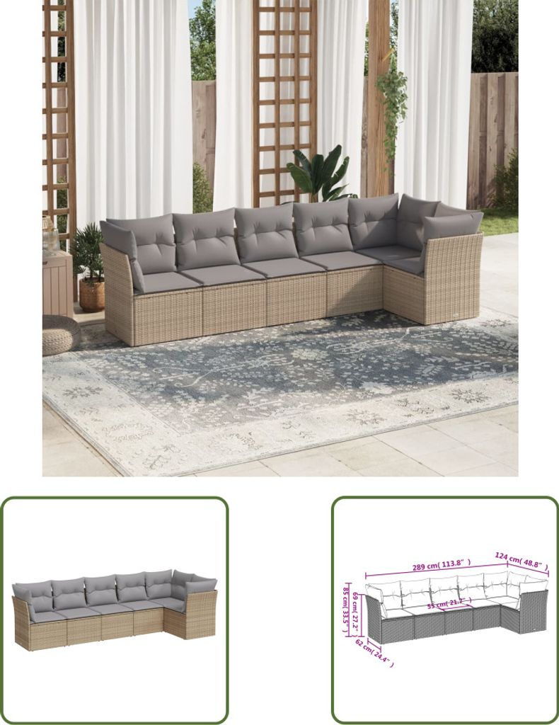 The Living Store 6-tlg. Garten-Sofagarnitur mit Kissen Beige Poly Rattan