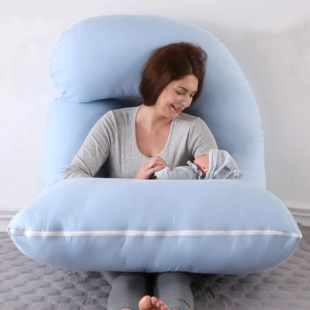 Coussin de maternité grand format bleu pour dormir sur le côté en J - 13