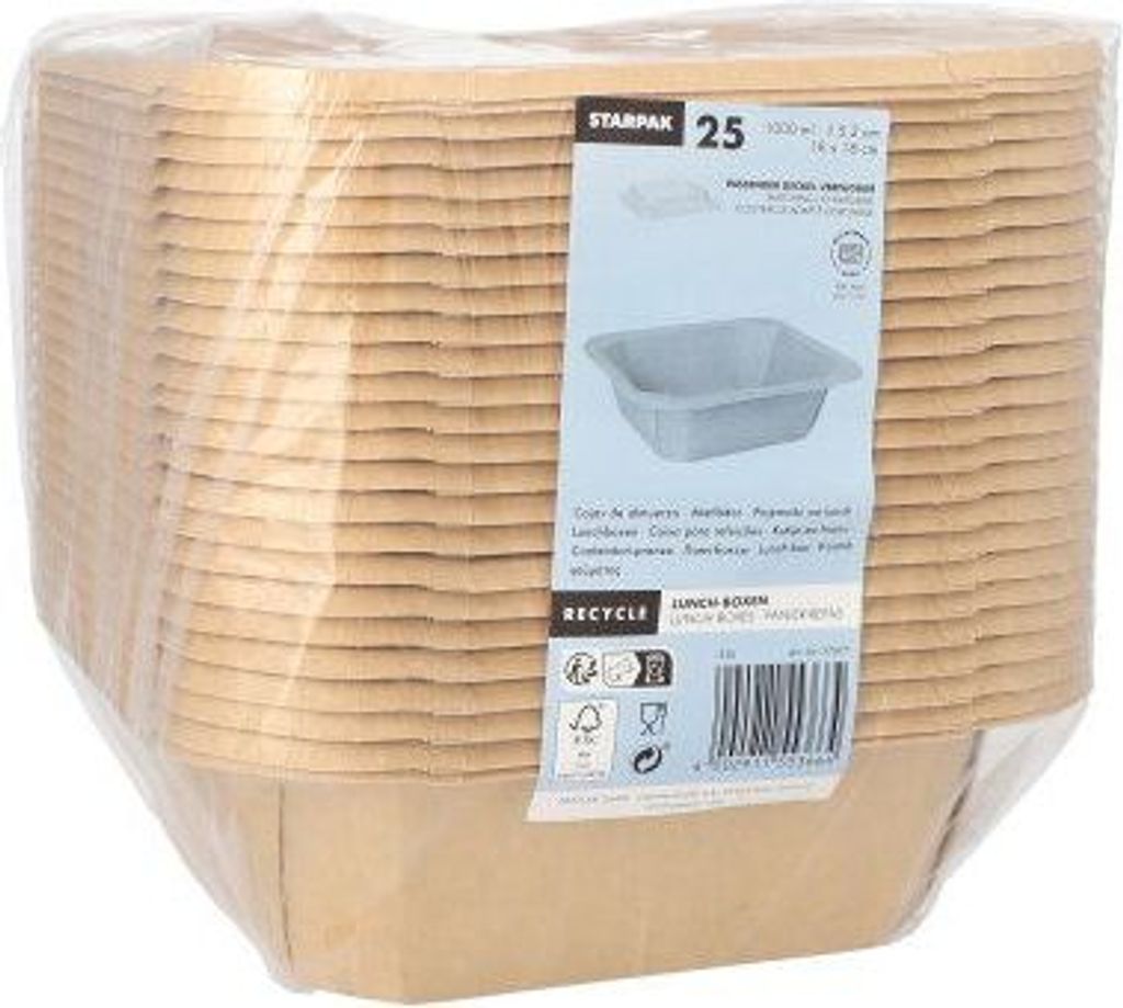 100 Lunchboxen, Pappe eckig 1000 ml 5,2 cm x 18 cm x 18 cm braun