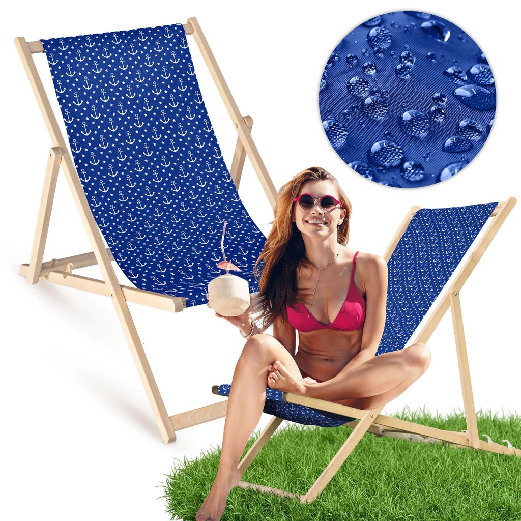 Holz Liegestuhl klappbar „Anker“ – Gartenstuhl Relaxstuhl Sonnenliege Balkon Terrasse Maritim