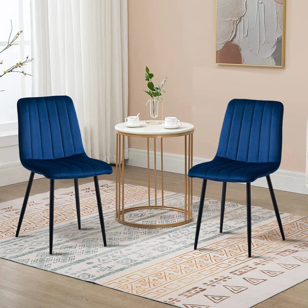 Chaise Salle à Manger Stable en Velours Bleu - Lot de 2 Pieds en Métal