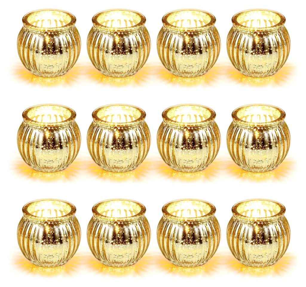 12 Teelichthalter aus Glas in Gold, Kürbisform, kleine Kerzengläser, wiederverwendbare Teelichthalter, vielseitige Glas-Kerzenhalter für Weihnac...