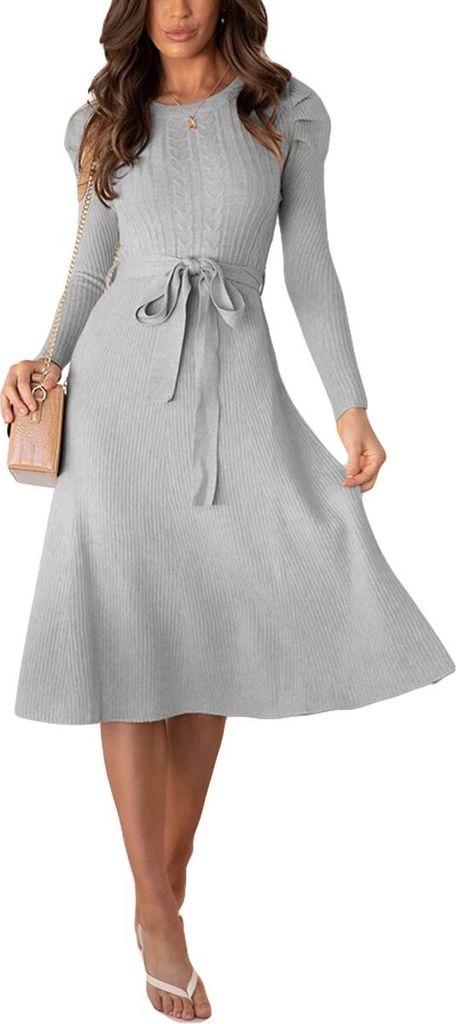 ASKSA Women's Knitted Dress Pullover Puff Sleeves Round Neck Slim Swing Midi Dress with Belt, Grau, XXL