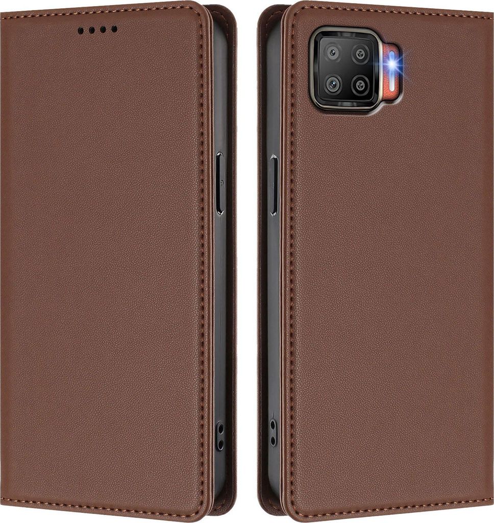 Handyhülle für Oppo F17, Kunstleder Klapphülle Stoßfeste Magnetische Hülle mit Ständer Braun