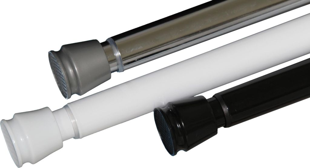 Close-up view of three adjustable tension rods in different colors.