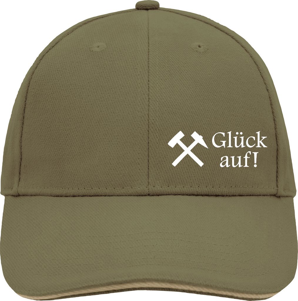 Huuraa Cappy Mütze Glück auf! Ruhrpott Olive/Beige Baumwolle 6-Panel Kappe Geschenkidee