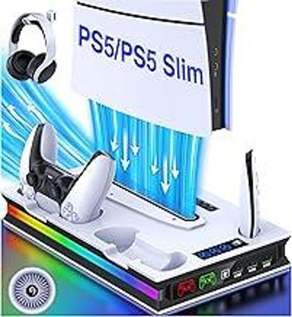 PS5 Standfuß für PS5 Slim/PS5 Pro/PS5 Konsole mit LED Licht, PS5 Pro Standfuß mit 3-Stufig Lüfter/2 PS5 Controller Ladestation/4 Typ-C-Adapter/...