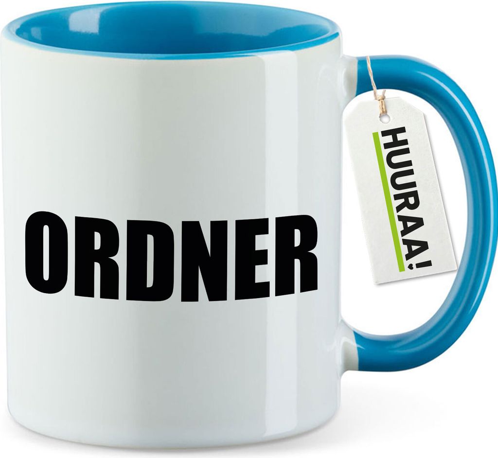 Huuraa Kaffeetasse Ordner Schriftzug 330ml Blau Keramik Kaffeebecher Geschenkidee