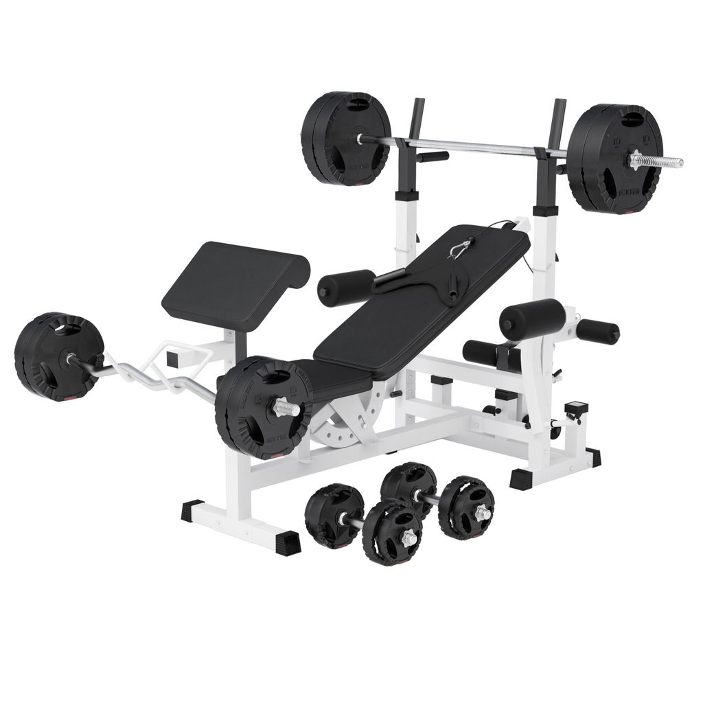 GORILLA SPORTS Hantelbank - mit 100kg Hantelset, Ablage, Dip-Station, Verstellbar, Weiß - Multifunktion Trainingsbank mit Gewichten, Kraftstation