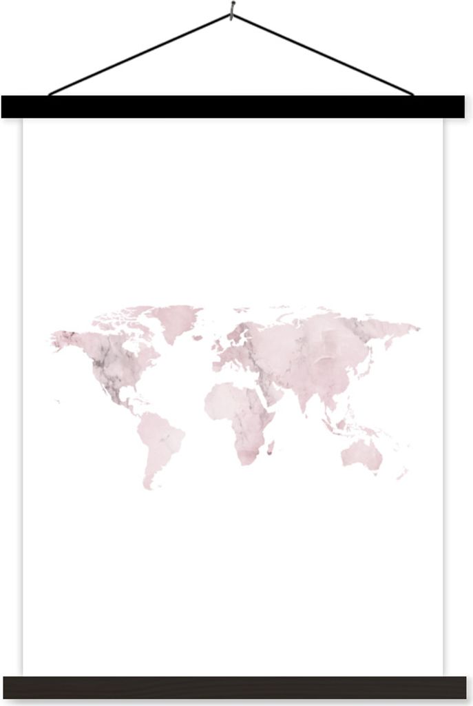 MuchoWow Textilposter Weltkarte - Aquarellfarbe - Rosa 40x53 cm mit schwarzem Rahmen - Abbildung