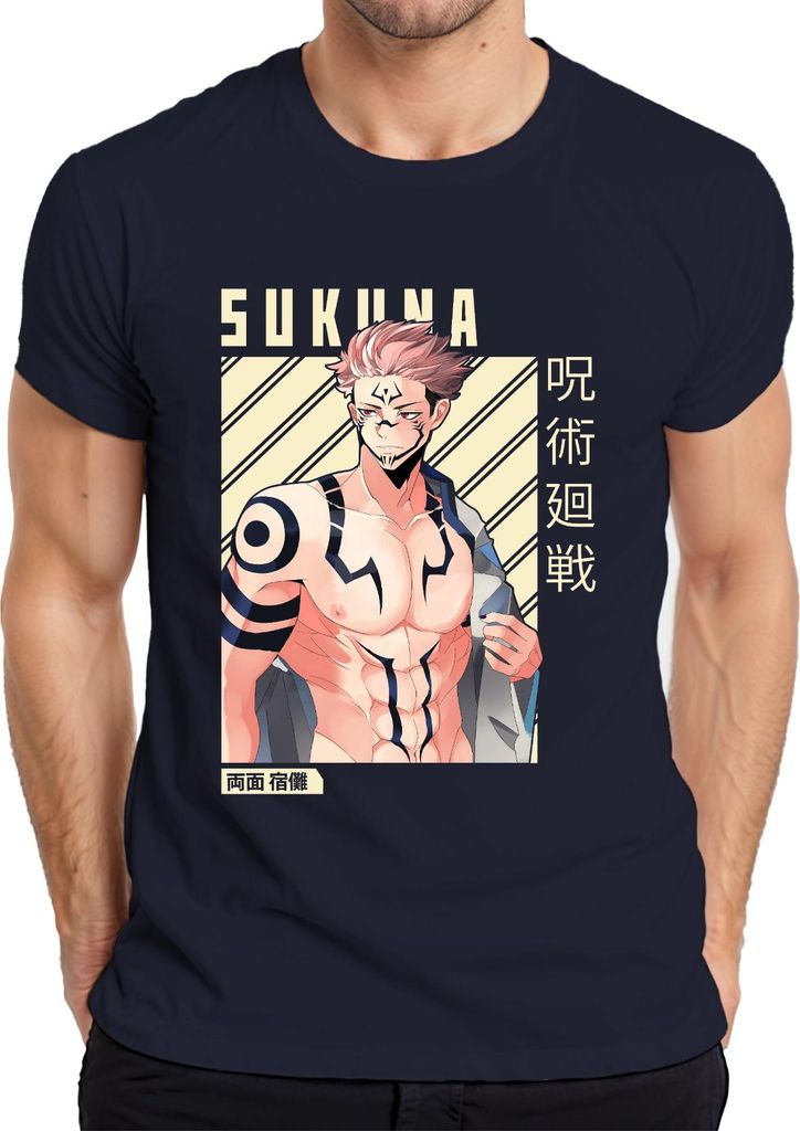 Sukuna Jujutsu Kaisen Fluchkönig Tätowiert Muskel Anime Geschenk Herren T-Shirt, Navy, L
