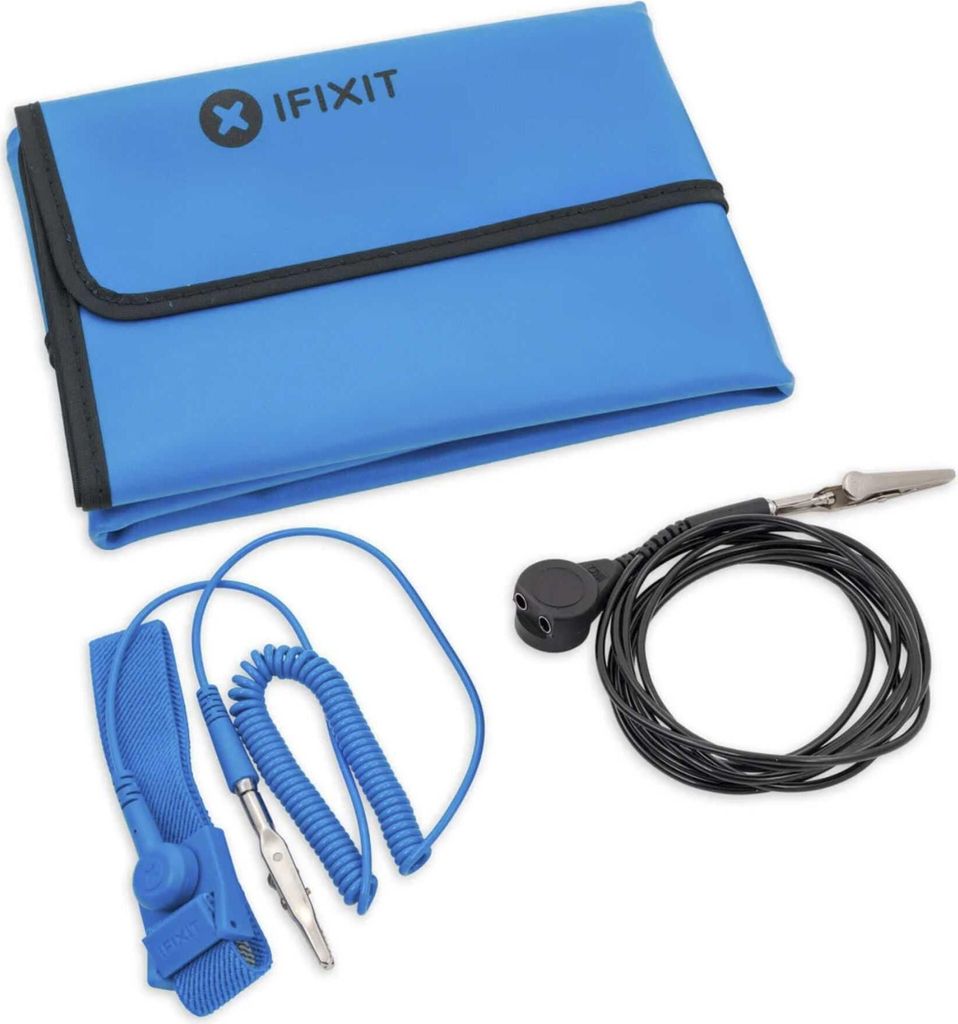 An anti-static mat and wrist strap kit for electronics repair.