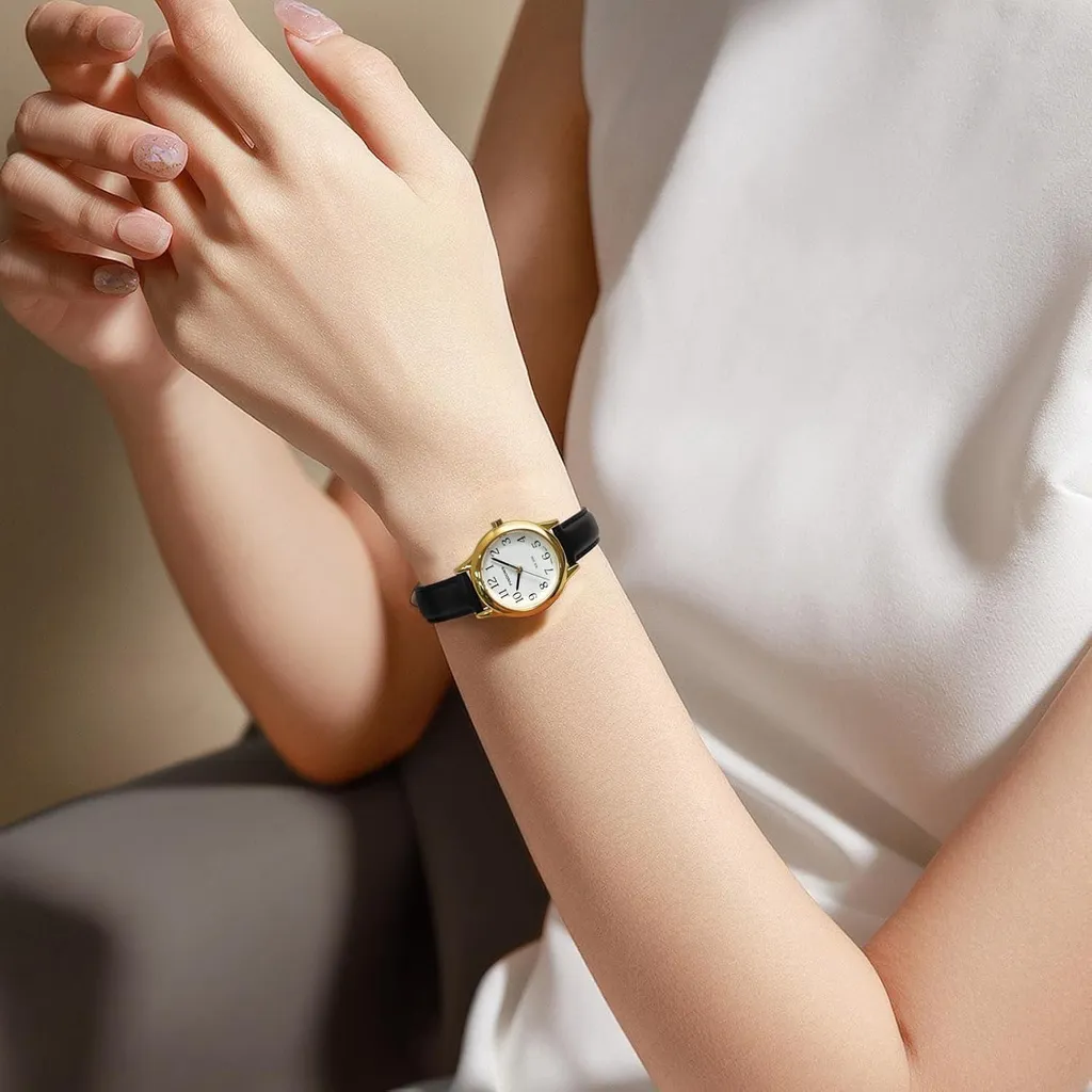 PINDOWS Reloj analógico de Cuarzo Fino y Minimalista Mujer, Caja Dorada con Correa de Piel Negra, Reloj de Pulsera Moderno y Elegante para Uso Diario : PINDOWS