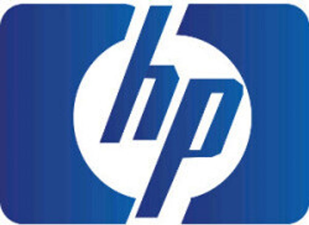 The HP logo is displayed prominently against a blue background.