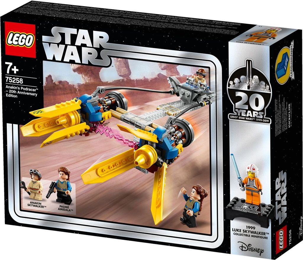 The image shows the packaging of a LEGO Star Wars Anakin's Podracer set, featuring the product and some of its minifigures.